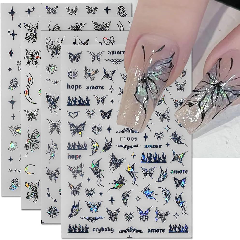 4 feuilles holographiques Laser blanc Schmetterling Nagelsticker,Y2K Aurora Schmetterling Stern Nail Sticker 3D Flamme Herz Nageldesign Nagelsticker Selbstklebend Nagel Sticker Nagel Zubehör Nail Art