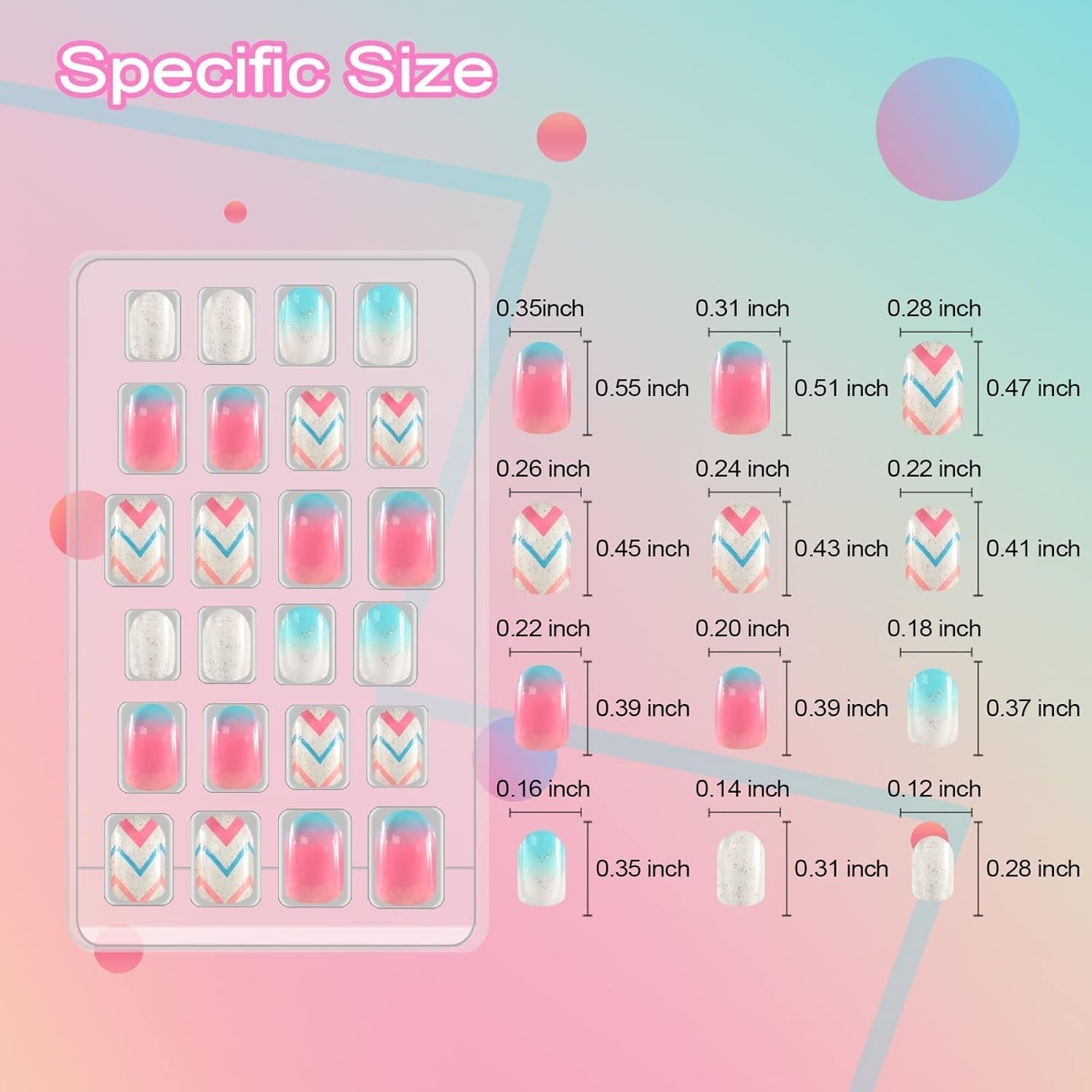 72 pièces d'ongles pré-collés pour enfants, couverture complète, paillettes, dégradé de couleur, nœud, ongles artificiels courts, excellent cadeau pour enfants filles, Nail Art - Paillettes arc-en-ciel