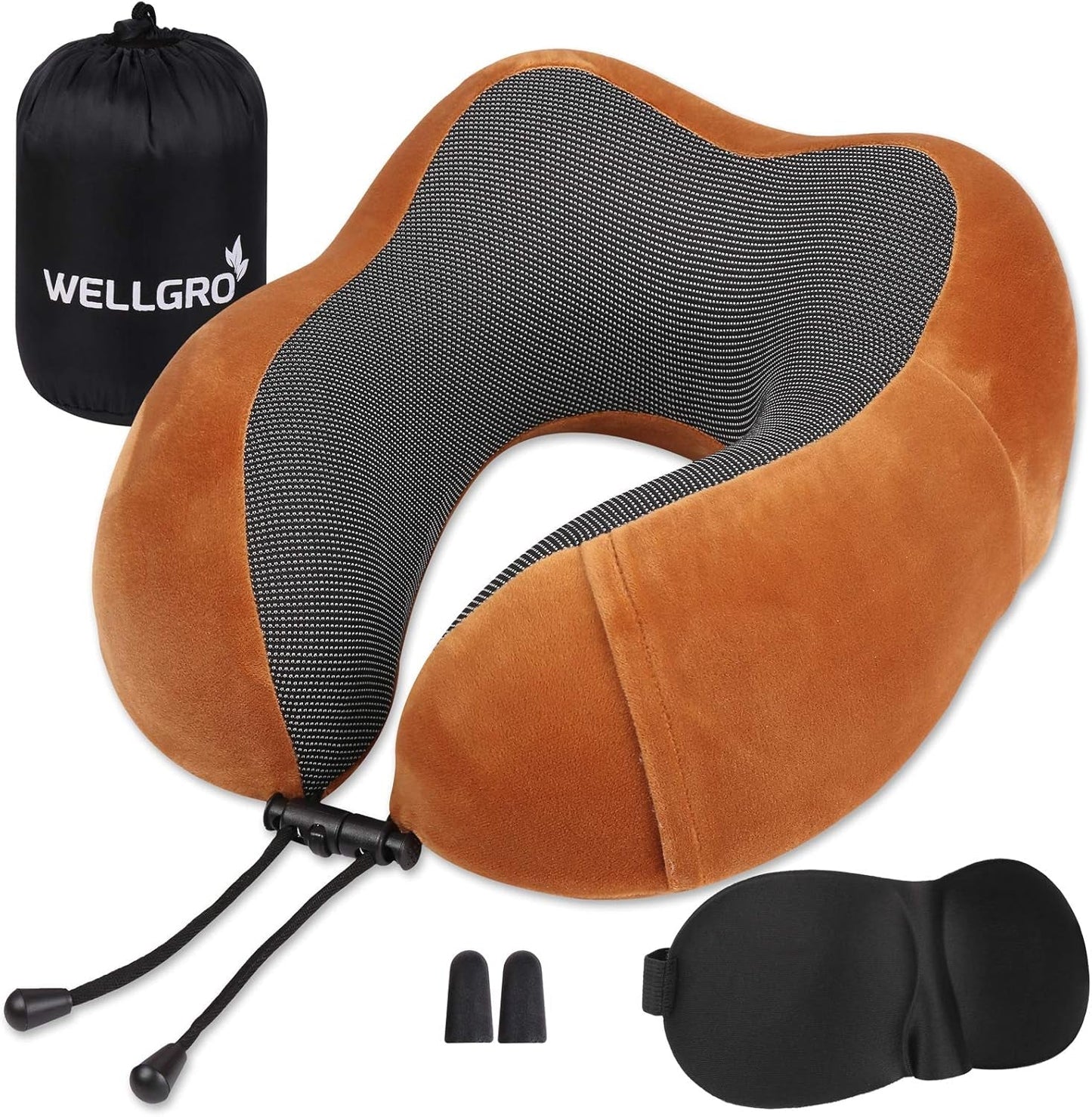 WELLGRO Ensemble d'oreillers cervicaux avec masque de sommeil 3D et bouchons d'oreilles - Housse amovible - Mousse à mémoire de forme - Fermeture à glissière - Sac de rangement inclus - Oreiller de voyage - Couleur au choix, Couleur: Gris Naty Shop Oreillers orthopédiques cervicaux Marron