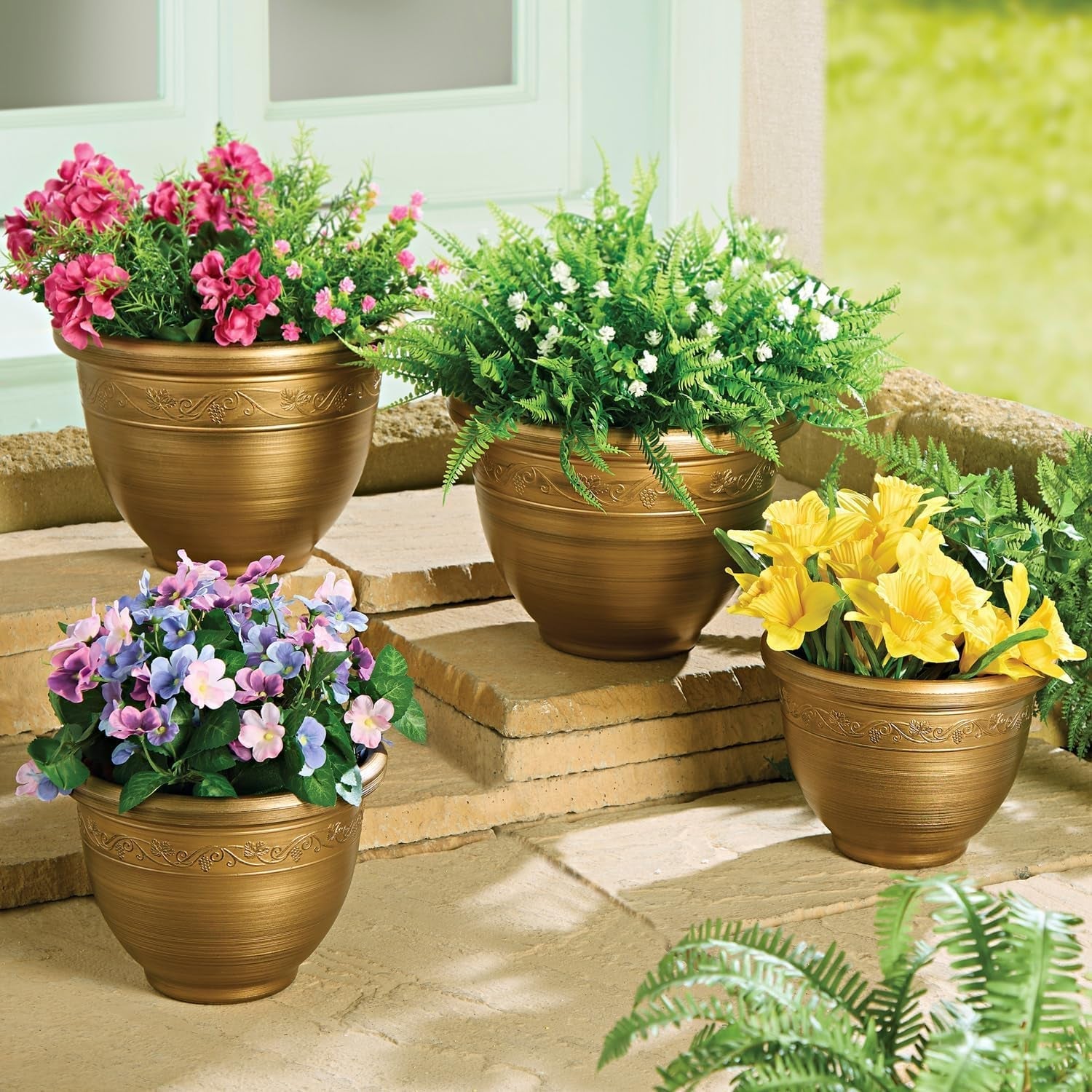 ® Ensemble de jardinières en plastique de style rétro – Ensemble de 4 pièces en deux tailles – Résistant aux intempéries et léger – Bord décoratif – Ensemble de jardinières en bronze