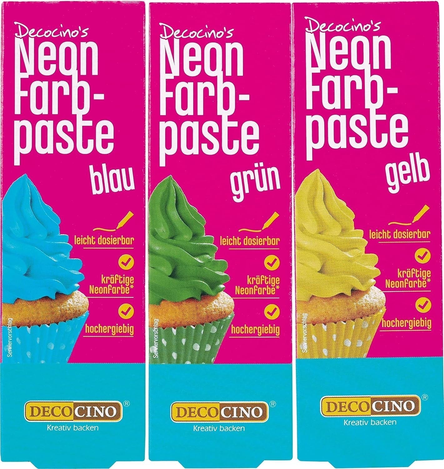 Decocino Neon Colorant Alimentaire Set - 3 Pièces - Rouge, Rose, Violet - Colorant Alimentaire Haute Dose - Pour Colorer Gâteaux, Muffins, Cupcakes - Sans Goût