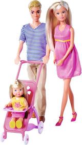 Simba 105733673 - Steffi Love Happy Family, poupée enceinte, Kevin, Evi et bébé avec poussette, 11 pièces, accessoires, 30 cm, à partir de 3 ans