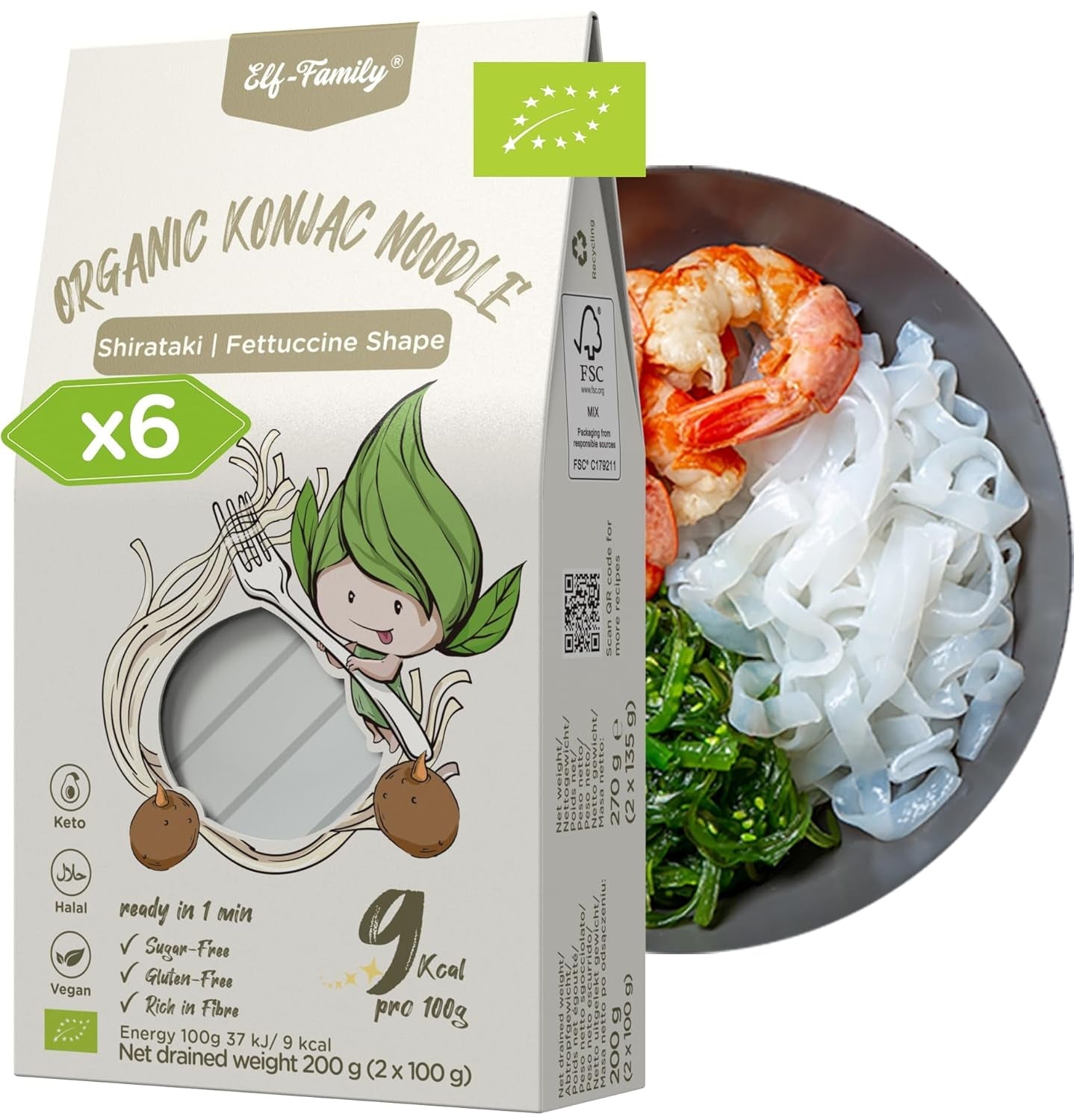 Elf-Family 270g x6er Box (paquet de 12) Bio Konjak Nudeln Ultra Low Carb Shirataki Nudeln Vegan Glutenfree-Instant Nudeln sans Kohlenhydrate/Keto/Kalorienarme/Fettfrei/Zuckerfrei -Spaghetti MHD : 12/11/2026
