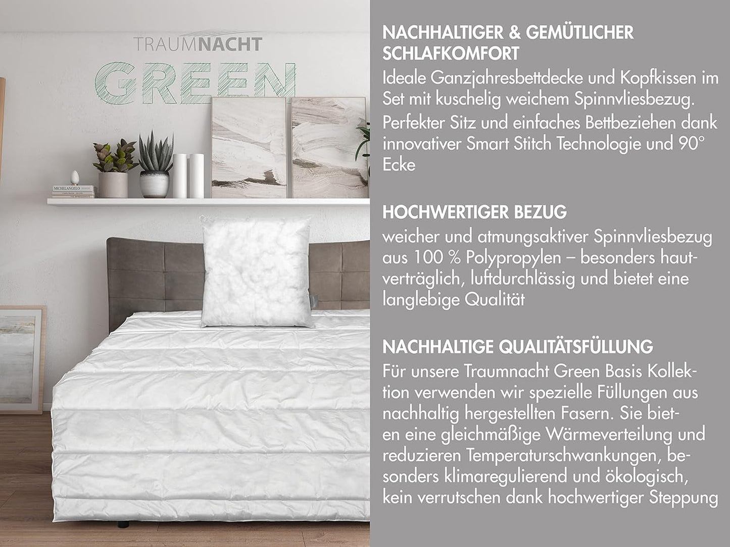 Parure de lit Traumnacht Green basic composée d'une couette pour toute l'année, 135 X 200 cm + oreiller 80 X 80 cm, certifiée Oeko-Tex, produite selon la norme de qualité allemande Couettes et couettes Naty Shop