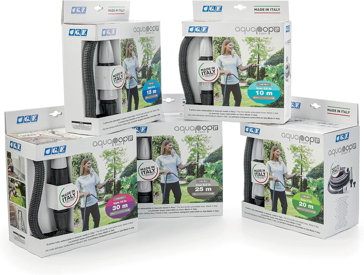 GF SRL, Aquapop Grey Easy 10, tuyau tressé auto-extensible de 10 mètres, fabriqué en Italie, avec mini pulvérisateur de jardin et connecteurs pour l'irrigation du jardin, gris foncé