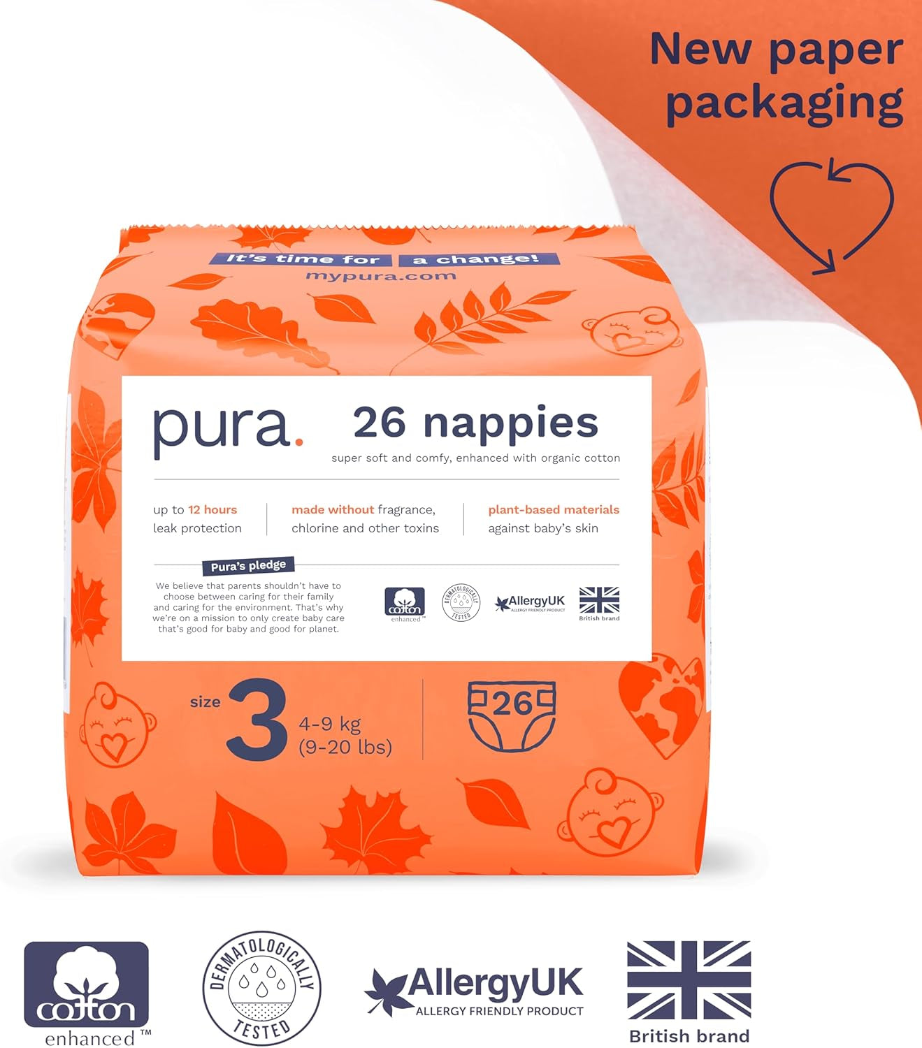 Couches Eco Baby - Taille 3 (4-9 kg), 1 paquet (26 couches), couches ultra douces pour peaux sensibles, coton biologique, protection contre les fuites jusqu'à 12 heures, nouveau guide des tailles