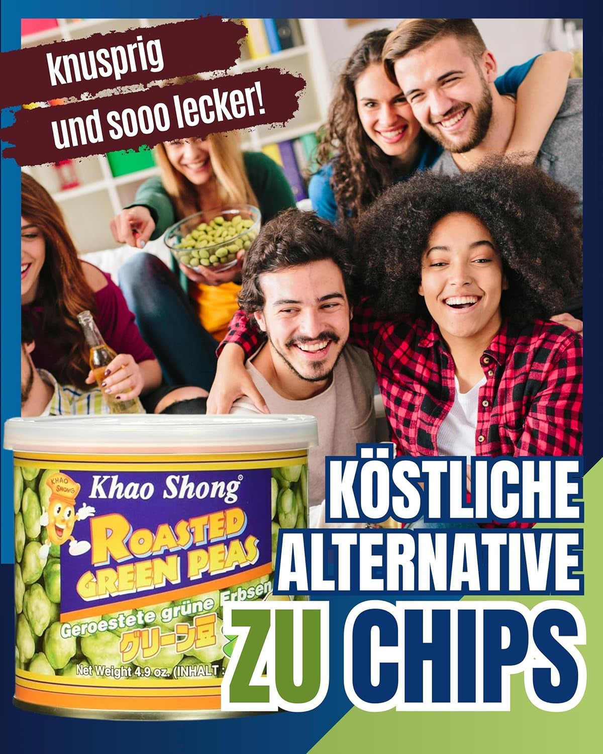 Khao Shong Pois verts frits au wasabi, pois croustillants dans une pâte épicée, une alternative faible en gras aux noix, moyennement épicé, 1 boîte de 140 g | 140 g (1 paquet)