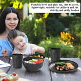 Berglander Service de table 24 pièces en plastique noir pour 6 assiettes et bols réutilisables comprenant des assiettes plates, des assiettes à dessert, des bols à céréales et des tasses pour la maison, le jardin et les pique-niques