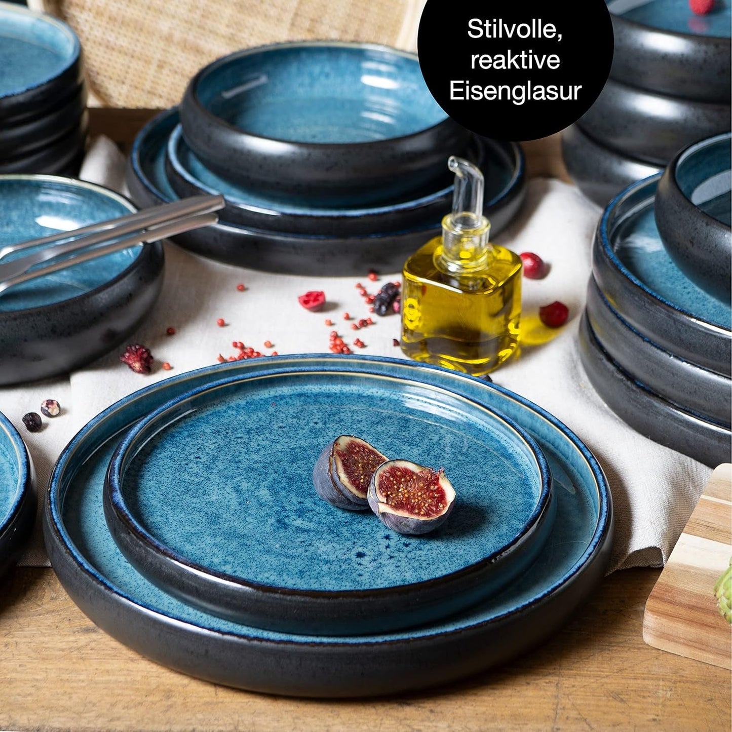 Moritz & Moritz SOLID Service de table en grès 18 pièces pour 6 personnes - Service de table pour 6 personnes, composé de 6 assiettes plates, 6 assiettes plates et 6 assiettes plates