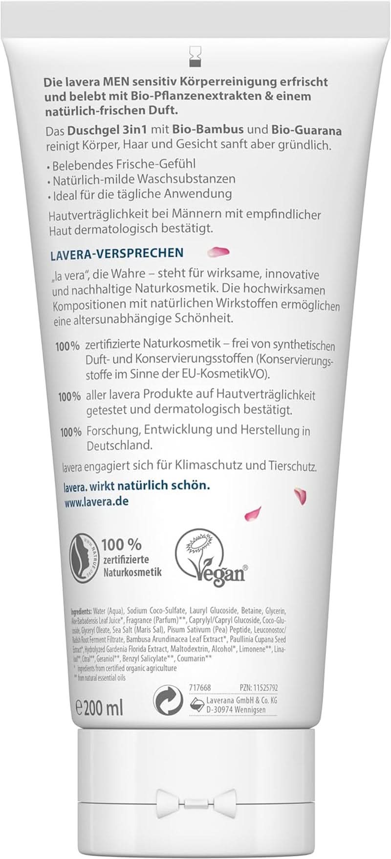 Lavera, Gel douche au bambou bio et guarana, 3 en 1, pour la peau, les cheveux et le visage, 200 ml Douche et bain Naty Shop