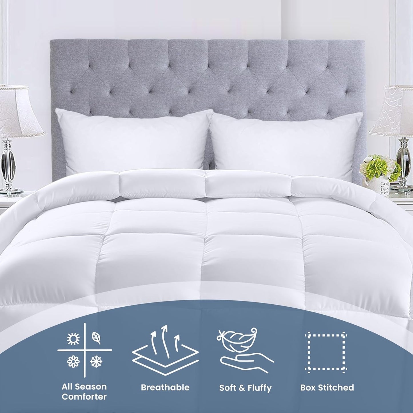Housse de couette en duvet Utopia (Blanc, Queen) - Pour toutes les saisons - Remplissage de fibres de peluche siliconées - Courtepointes et courtepointes cousues en boîte Naty Shop