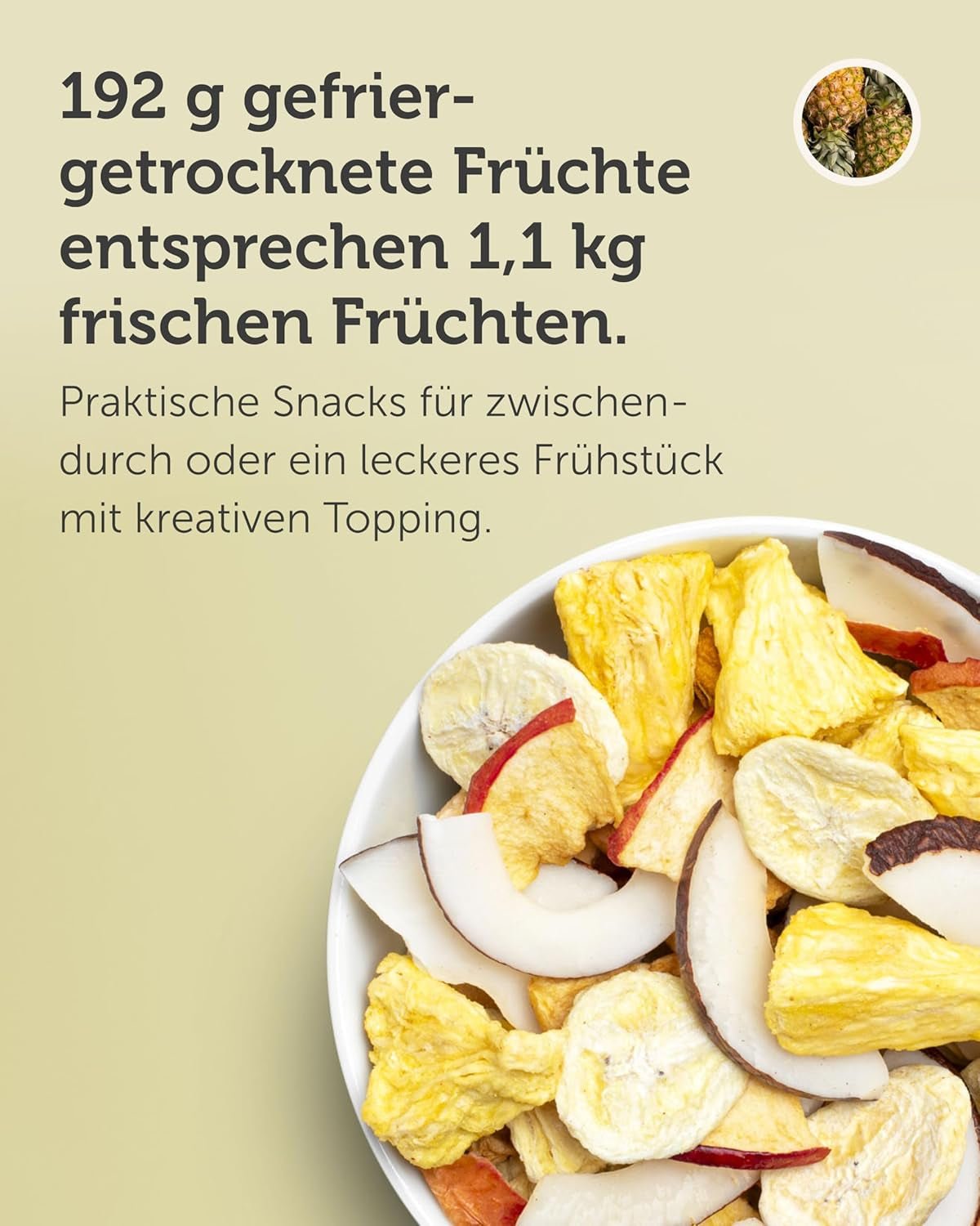 Mélange de fruits lyophilisés BUAH® | Ananas, bananes, pommes et noix de coco lyophilisés sans sucre ajouté | 100% fruits | Vegan, sans gluten, sans lactose (192g) Produits déshydratés Naty Shop