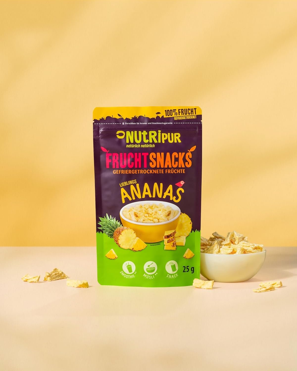 Ananas lyophilisés BITS 100g gros morceaux pour smoothie bowls, muesli, porridge topping - fruits lyophilisés sans sucre ajouté - ananas séchés - fruits de NutriPur Produits déshydratés Naty Shop