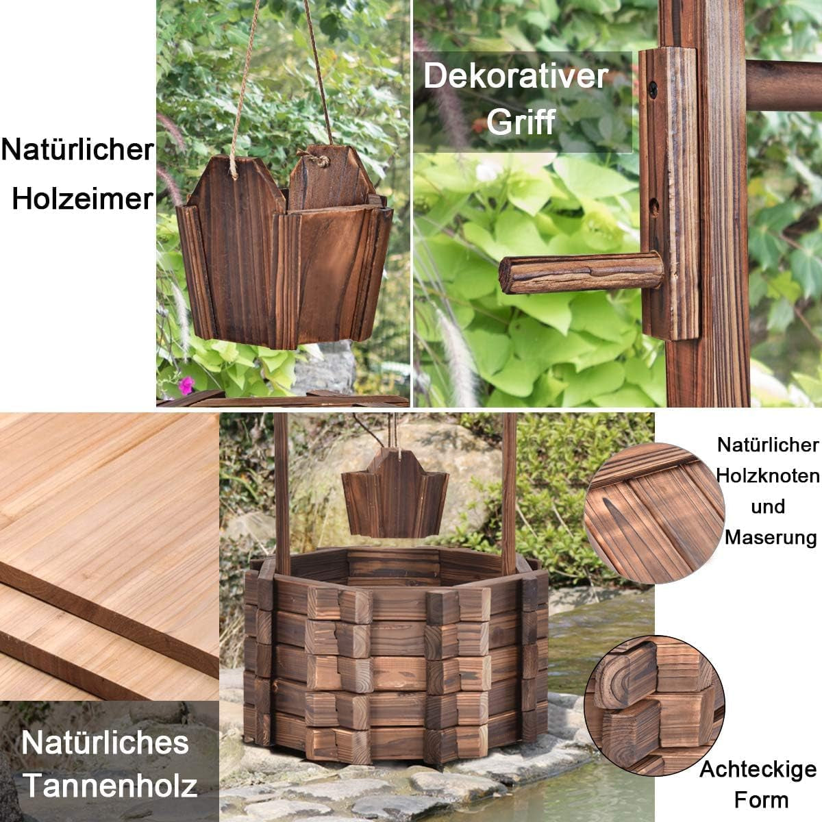 Fontaine en bois 56x56x114cm avec toit, Puits à souhaits, Décoration de jardin, Pots de fleurs, Fontaine décorative, Pots de fleurs, Marron