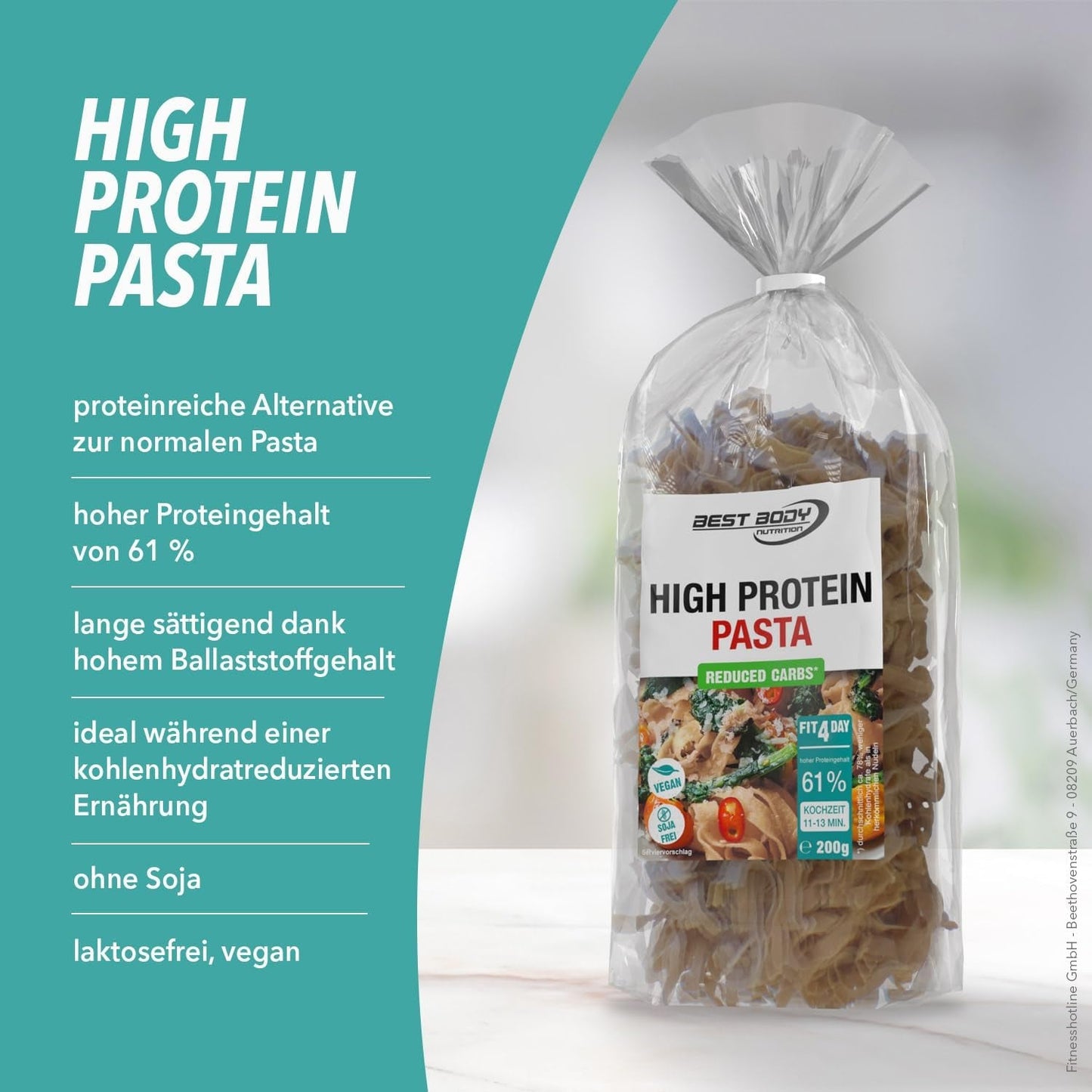 Pâtes protéinées Best Body Nutrition 6 x 200 g - Tagliatelles riches en protéines Fit4Day - 61 % de protéines, faible teneur en glucides, végétaliennes et sans lactose, sans soja - Protéines de pois de haute qualité - Pour les régimes faibles en glucides