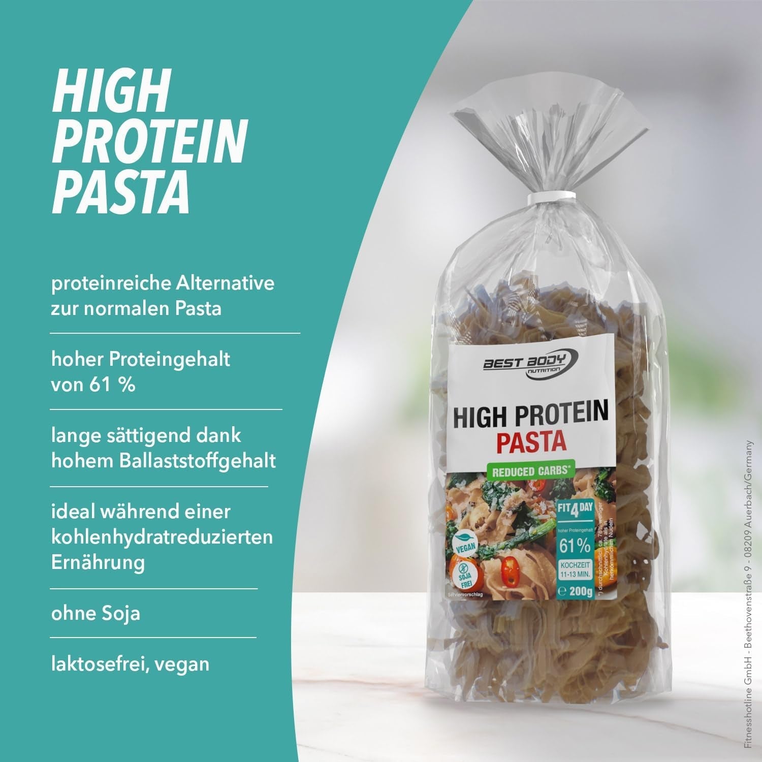 Pâtes protéinées Best Body Nutrition 6 x 200 g - Tagliatelles riches en protéines Fit4Day - 61 % de protéines, faible teneur en glucides, végétaliennes et sans lactose, sans soja - Protéines de pois de haute qualité - Pour les régimes faibles en glucides