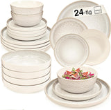 SÄNGER Key West | Service de table en grès 24 pièces pour 6 personnes, 6 assiettes à dîner, bols à céréales, assiettes à dessert, bols à pâtes, vaisselle à la crème avec texture sable | LA COLLECTION VALEUR