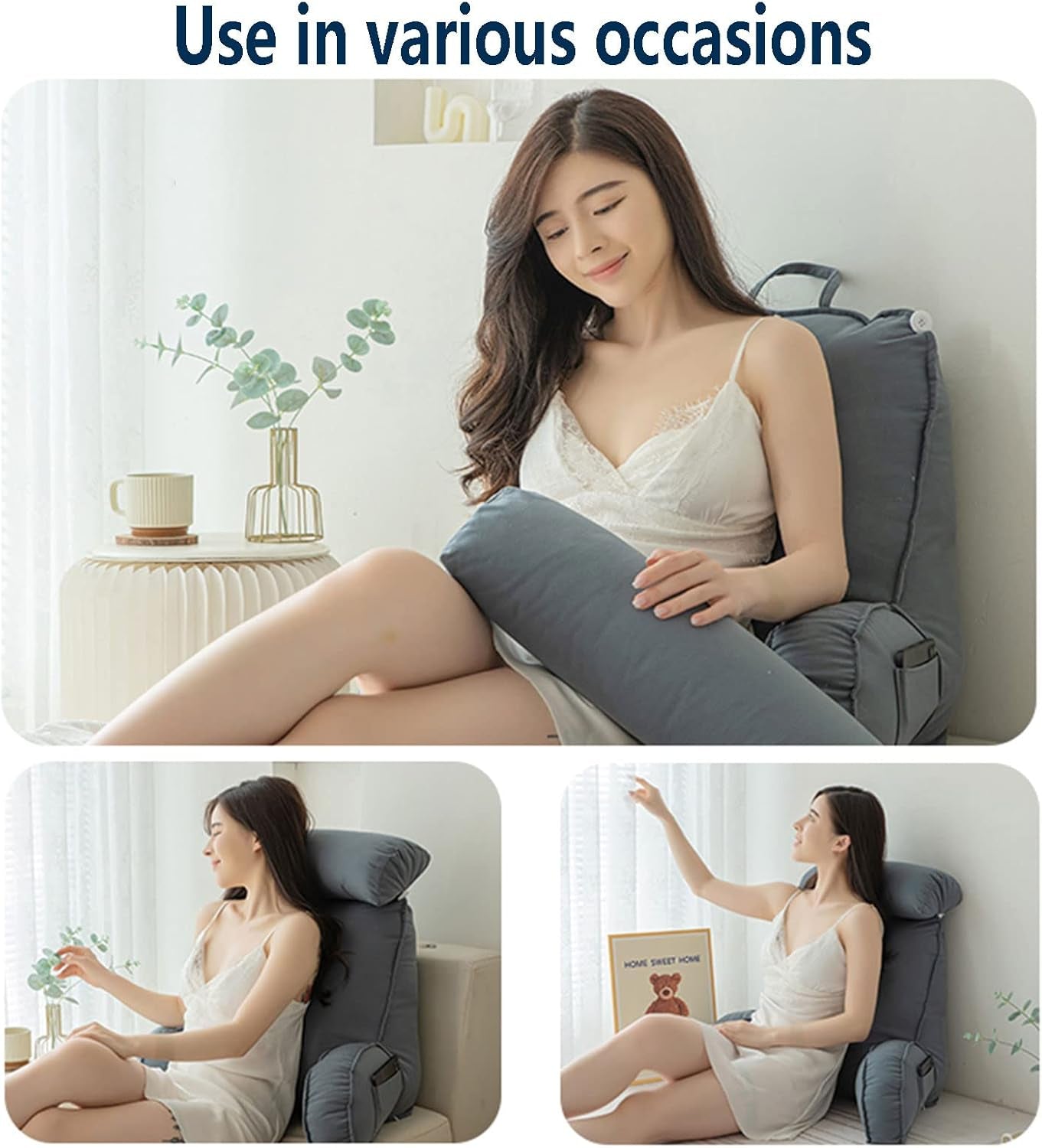 Oreiller de lecture avec accoudoirs, coussin de dossier de canapé, coussin de livre pour lit, avec tour de cou amovible, coussin de soutien de chaise pour se détendre, jouer, lire, regarder la télévision, couleur champagne