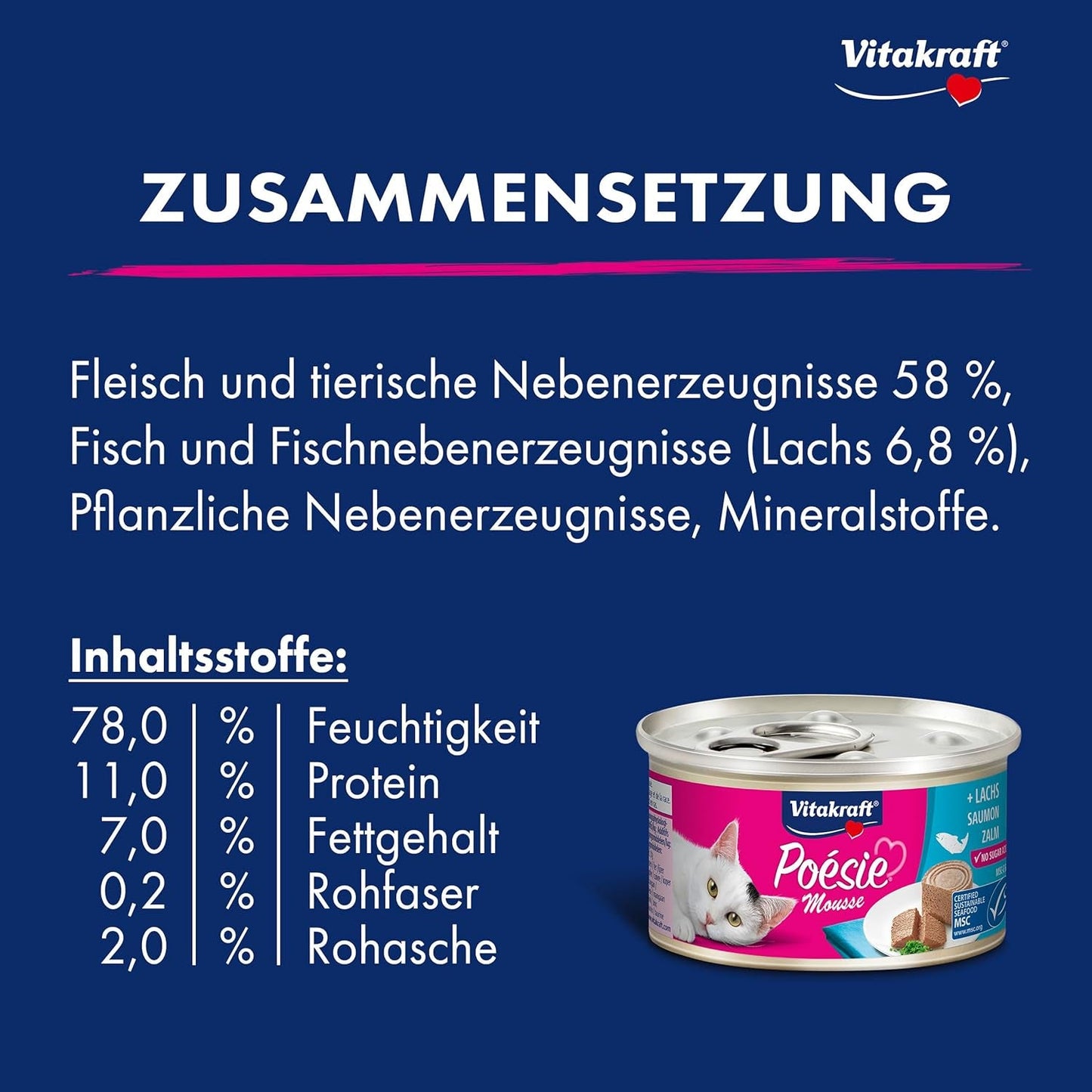 Vitakraft Poésie Mousse, nourriture humide pour chat, mousse aérée, au saumon, sans sucre ni céréales ajoutés (12 x 85g)