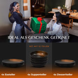 Service de table 12 pièces en grès – Ligne Prairie – Design élégant dans des tons marron/noir, lot de 4 assiettes plates, 4 assiettes à dessert et 4 assiettes plates/Collection Premium