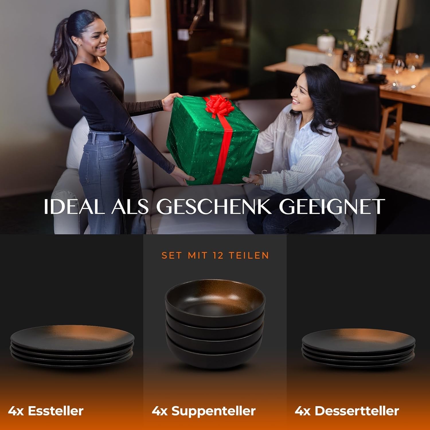 Service de table 12 pièces en grès – Ligne Prairie – Design élégant dans des tons marron/noir, lot de 4 assiettes plates, 4 assiettes à dessert et 4 assiettes plates/Collection Premium