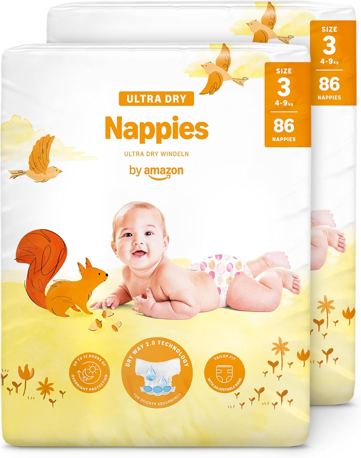 Couches Amazon Ultra Dry, taille 3 (4-9 kg) – Boîte mensuelle, blanche, 172 unités (2 paquets de 86) (anciennement Mama Bear, produit identique)