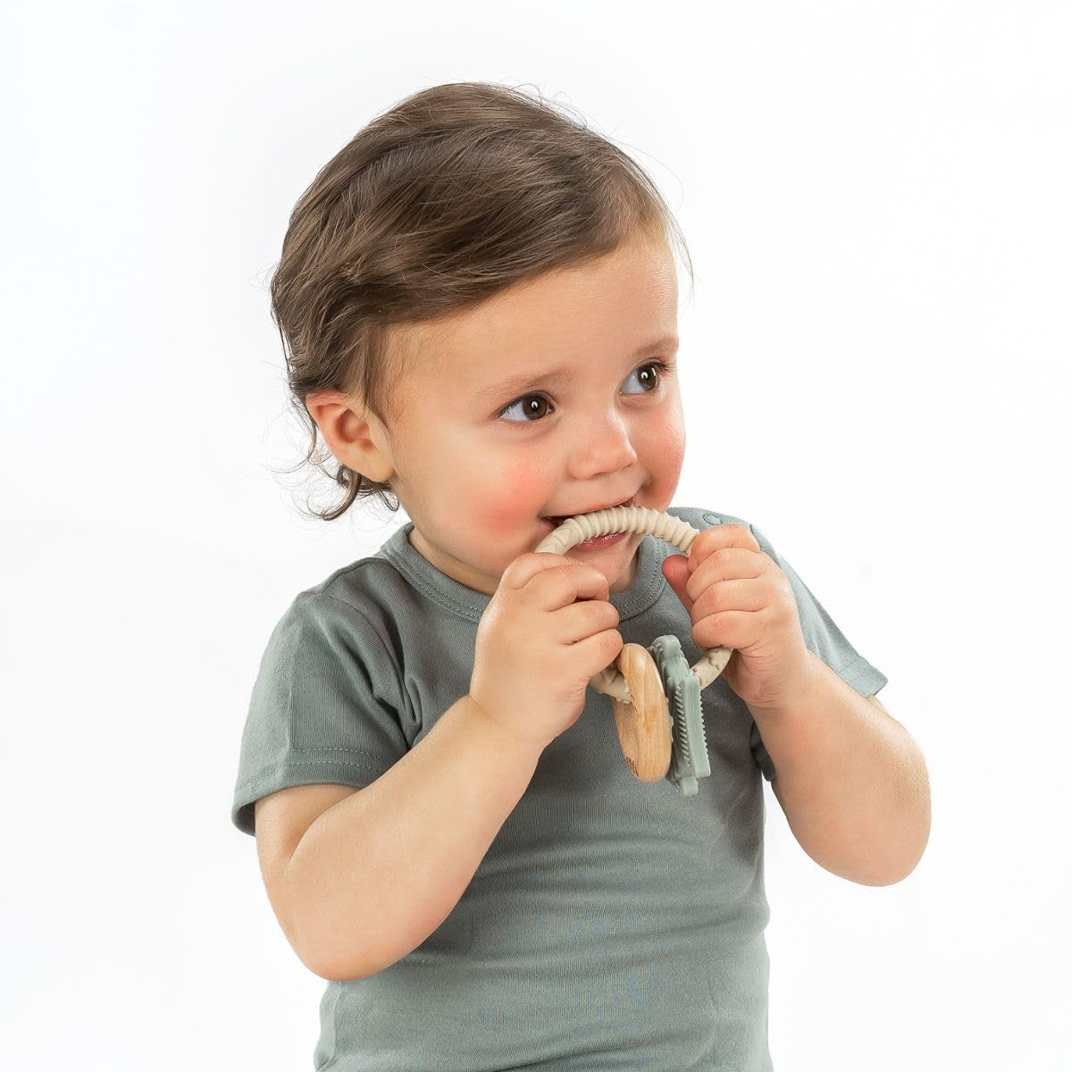 reer BiteDuo | Anneau de dentition en bois de silicone pour bébé | Aide à la dentition | Jouet motorisé