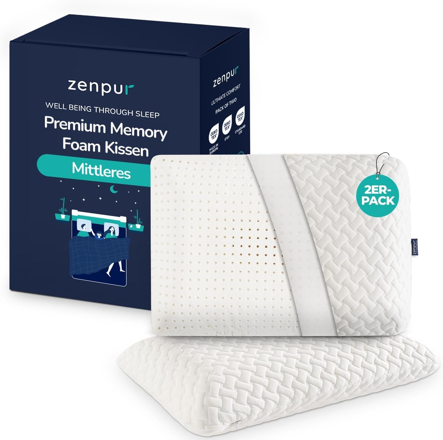 ZenPur Oreiller orthopédique cervical 40 x 60-13 cm, oreiller de tête en mousse à mémoire de forme – Oreiller de sommeil ergonomique pour le cou et les épaules, certifié Oeko-TEX