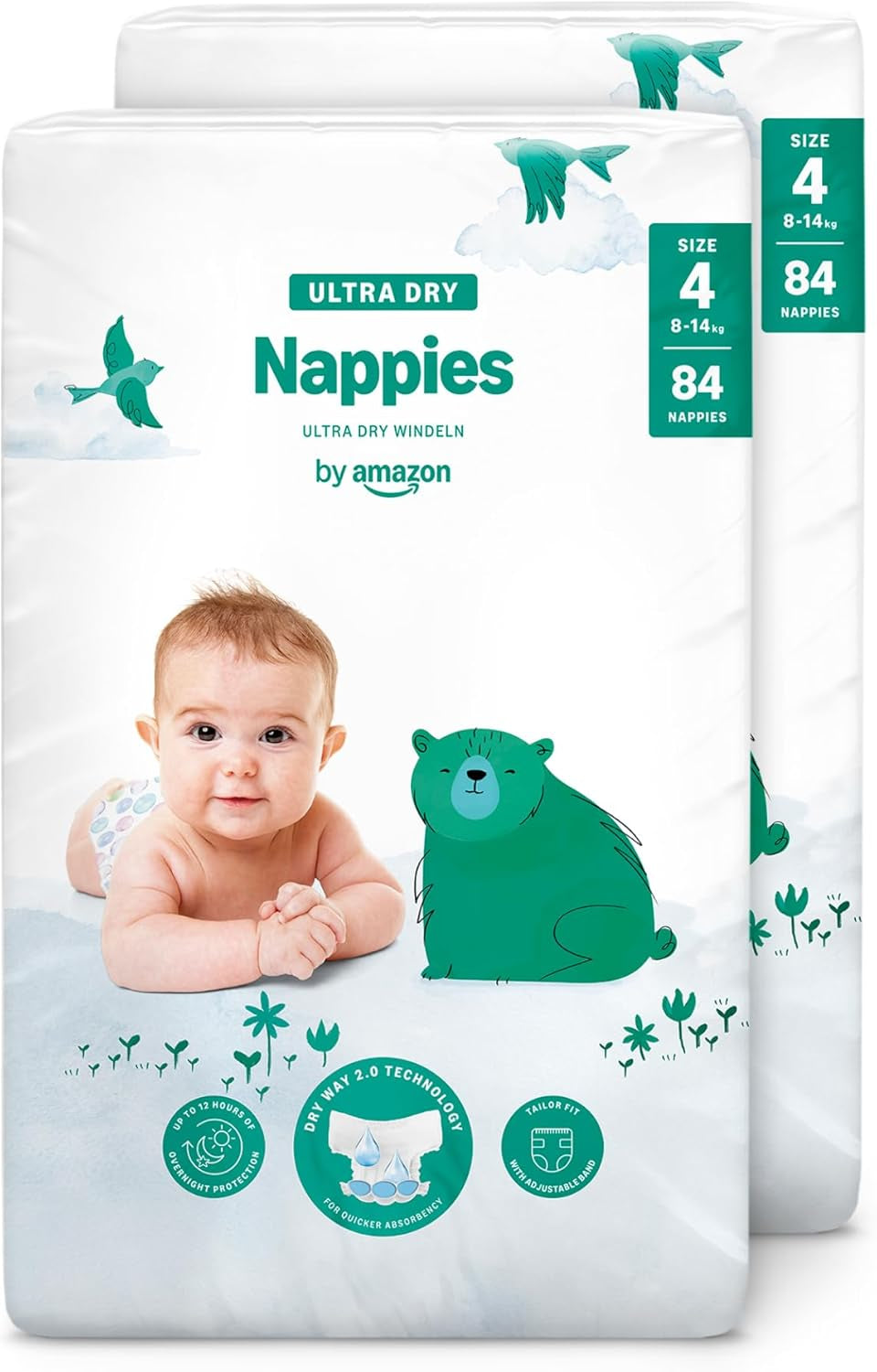 Couches Amazon Ultra Dry, taille 3 (4-9 kg) – Boîte mensuelle, blanche, 172 unités (2 paquets de 86) (anciennement Mama Bear, produit identique)