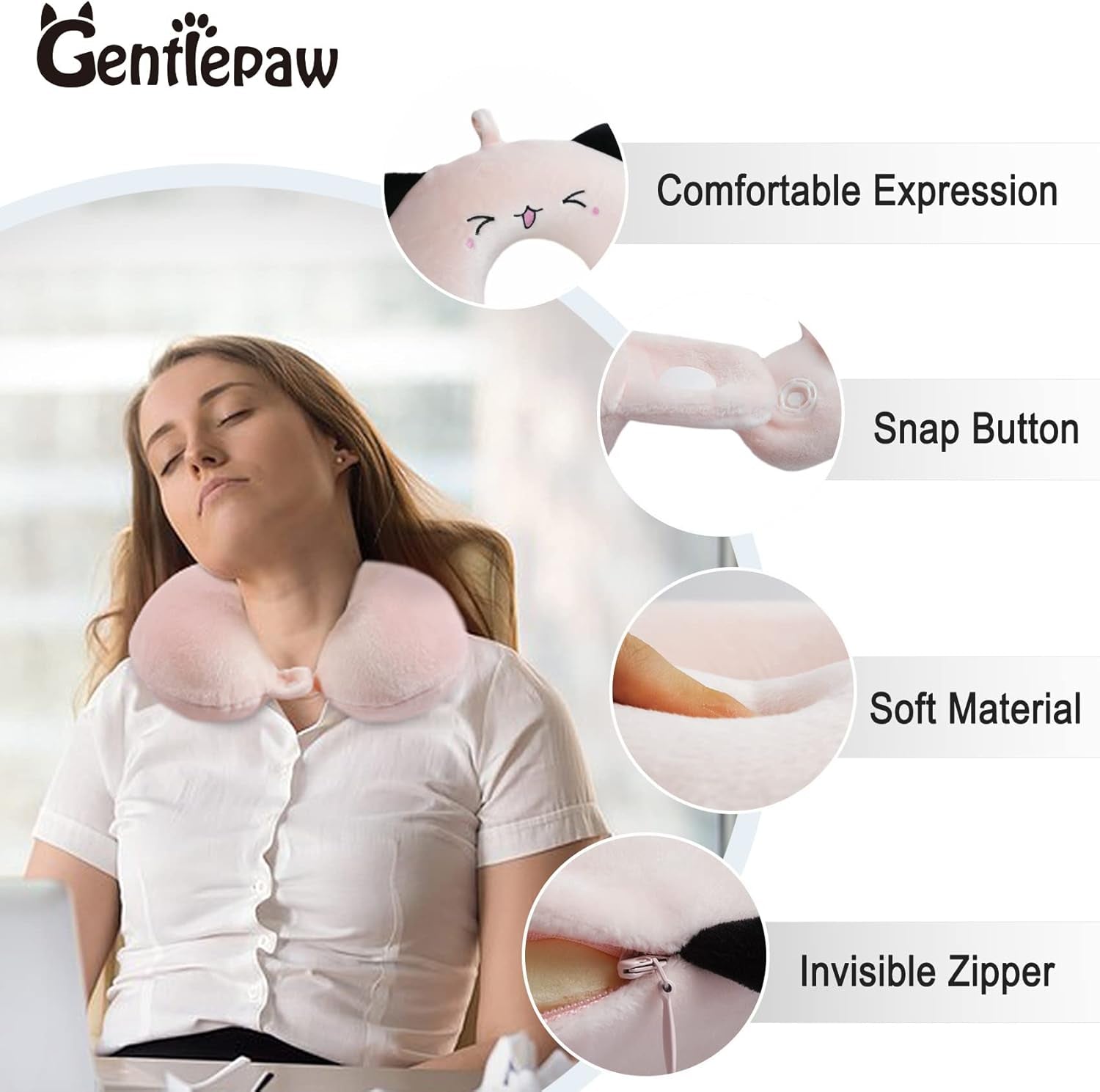 Oreiller cervical pour enfants, pour avion, voiture, train, voyage, adulte, mousse à mémoire de forme, motif animal mignon, oreiller en forme de U, housse amovible (rose 2) Oreillers cervicaux orthopédiques Naty Shop