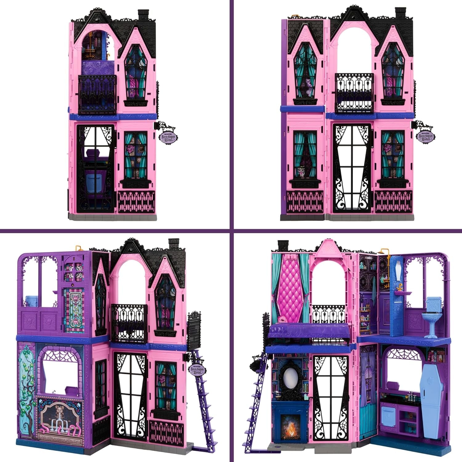 Monster High Buh-tique Hotel Dollhouse, ensemble de jeu pliable avec des surprises effrayantes dans chaque pièce et plus de 13 ensembles de jeu, y compris des meubles et des accessoires, JBF16