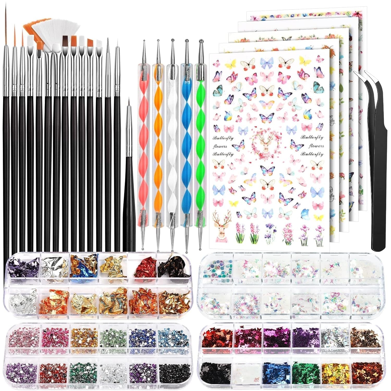 FANDAMEI Pinceaux pour Gel, 15 Pièces Pinceaux à Ongles, 5 Autocollants à Feuilles, Strasssteine ​​​​Nägel, Ensemble de Conception de Nagel, Accessoires de Conception de Nagel, Ensemble de Pinceaux à Ongles, Ensemble de Pinceaux à Ongles et Ensemble de Décorations