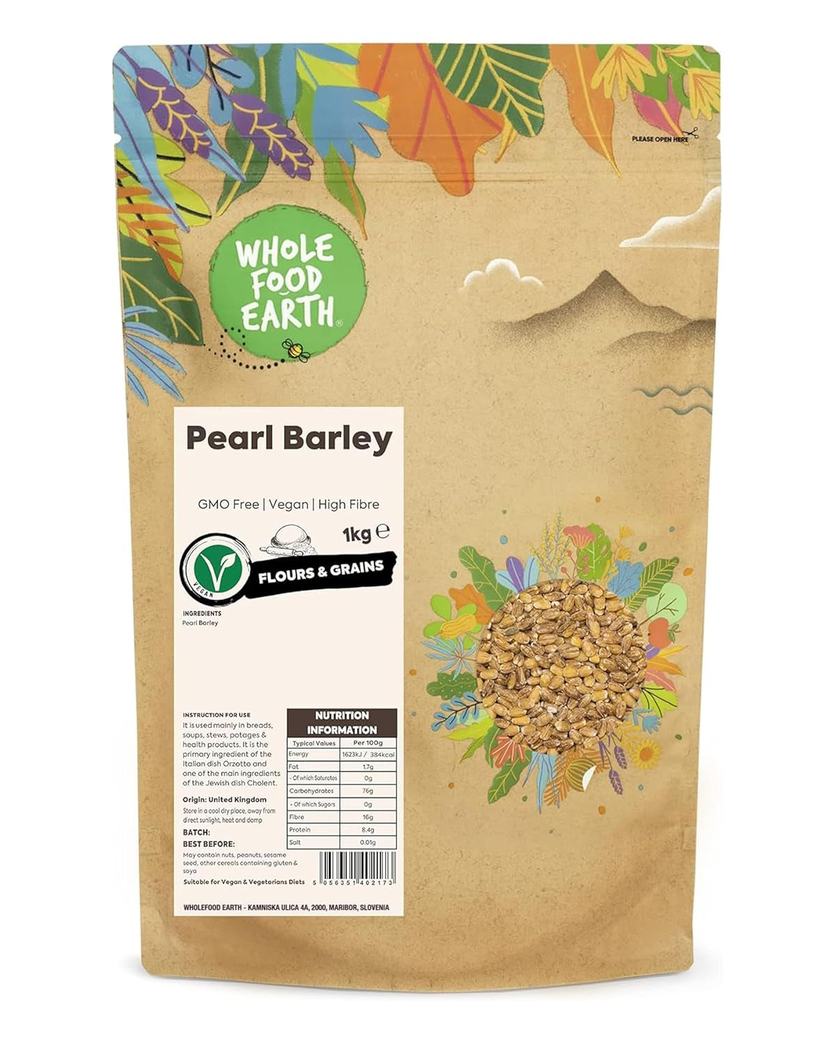 Orge perlé Wholefood Earth - sans OGM - végétalien - sans produits laitiers - sans sucre ajouté, 2 kg