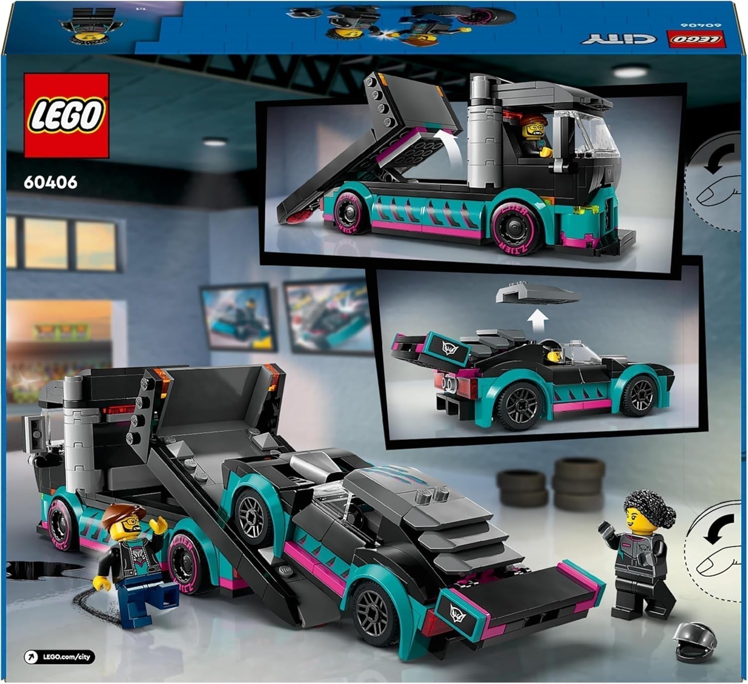 LEGO City Car Transporter avec voiture de course, camion jouet avec rampe de chargement réglable et voiture de course, jeu de construction avec 2 figurines, pilote de course et chauffeur de camion, pour les enfants à partir de 6 ans 60406 Jeux de construction Besuche den LEGO-Store