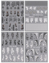 JMEOWIO Autocollants pour ongles 3D Noir Blanc Fleurs Nail Art Autocollants Autocollants pour ongles 5D Stéréoscopiques Fleurs Décoration Nageldesign Zubehör 4 Blatt