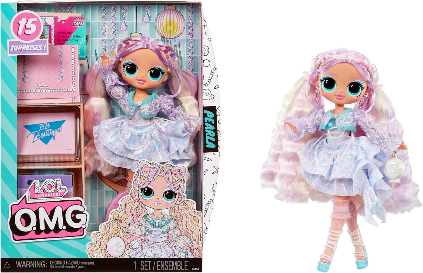Mdr Surprise ! Poupée mannequin OMG Pearla avec 15 surprises - Poupée avec tenue et accessoires style sirène - À partir de 4 ans