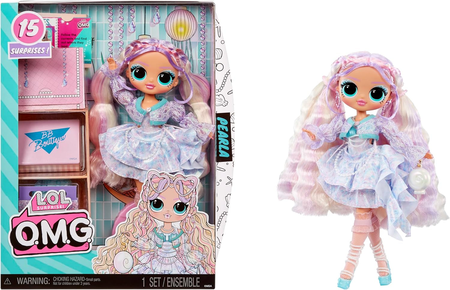 Mdr Surprise ! Poupée mannequin OMG Pearla avec 15 surprises - Poupée avec tenue et accessoires style sirène - À partir de 4 ans