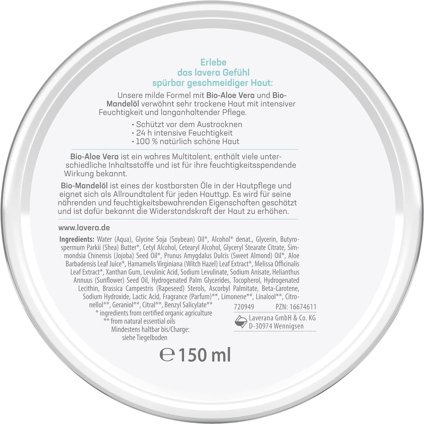 Lavera Basis Sensitiv, soin intensif pour peaux sèches à l'Aloe Vera et à l'huile d'amande, 150 ml Naty Shop