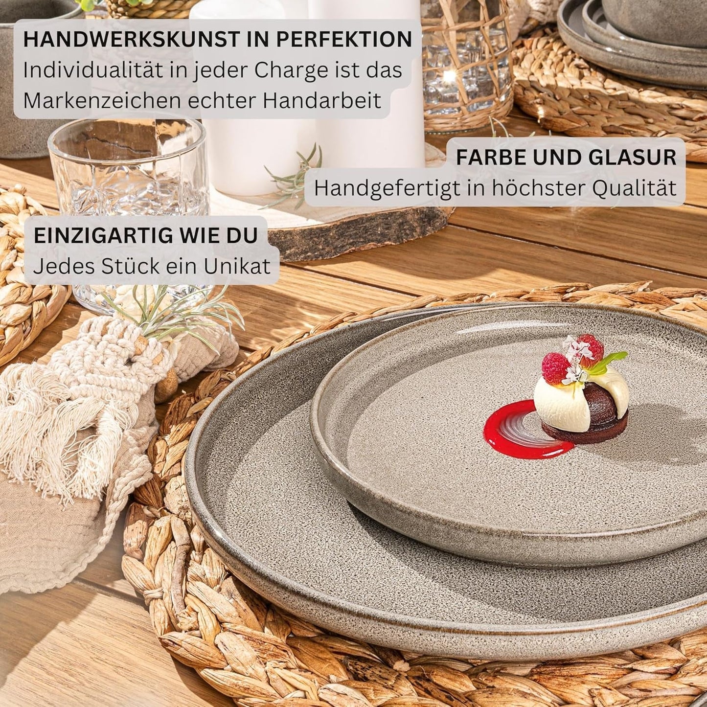 SÄNGER Argile du Caire | Service de table 24 pièces, service de table en grès pour 6 personnes, 6 assiettes, 6 assiettes à dessert, 6 bols à pâtes, 6 bols de service, service de table gris | LA COLLECTION VALEUR