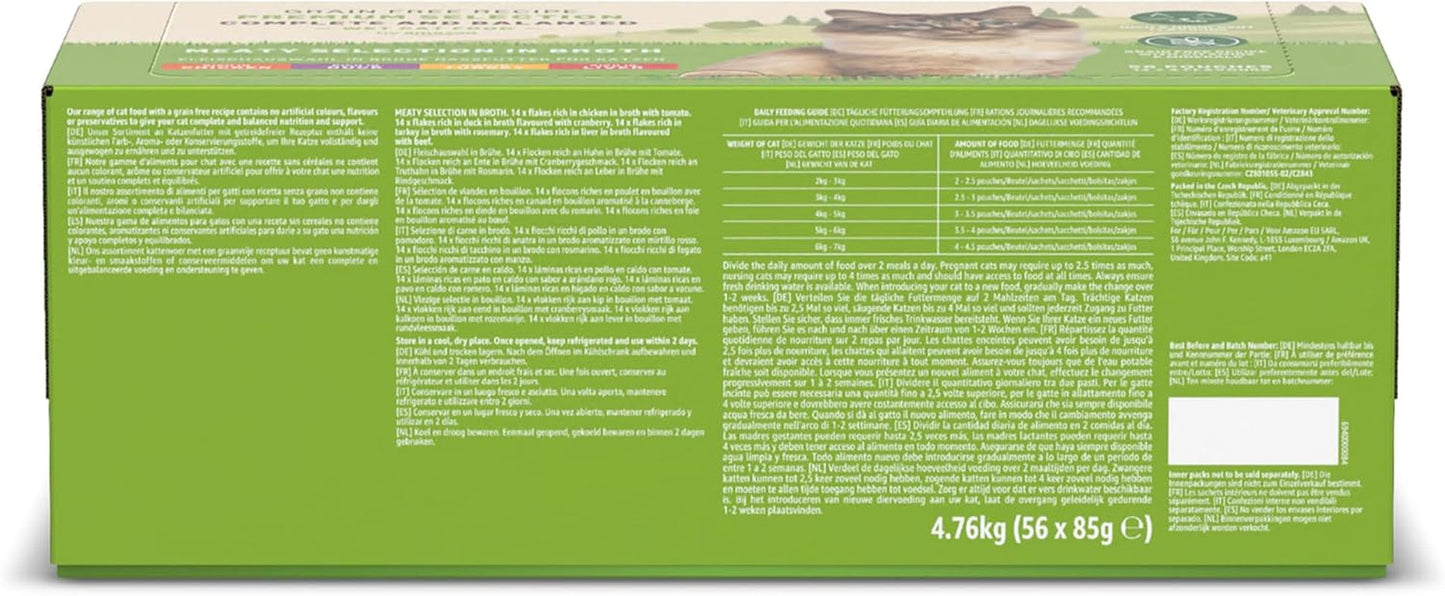 Amazon Nourriture humide sans céréales pour chats adultes Sélection de viande en bouillon 4,76 kg 56 paquets de 85 g (anciennement Lifelong)