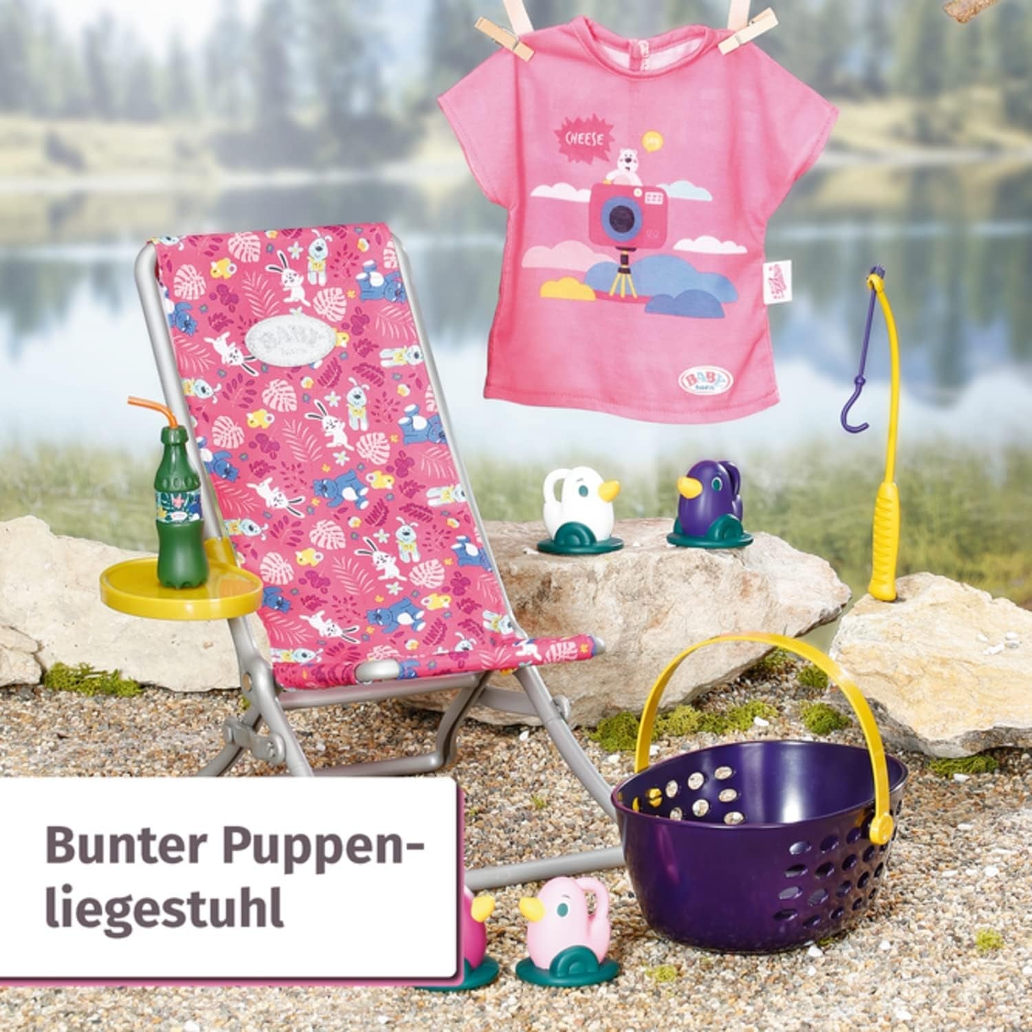 BABY born 832790 Weekend Fishing - Ensemble d'accessoires pour poupée de pêche avec chaise longue aux imprimés vifs, table d'appoint, verre, panier, canetons et canne à pêche et chemise longue rose, Rose