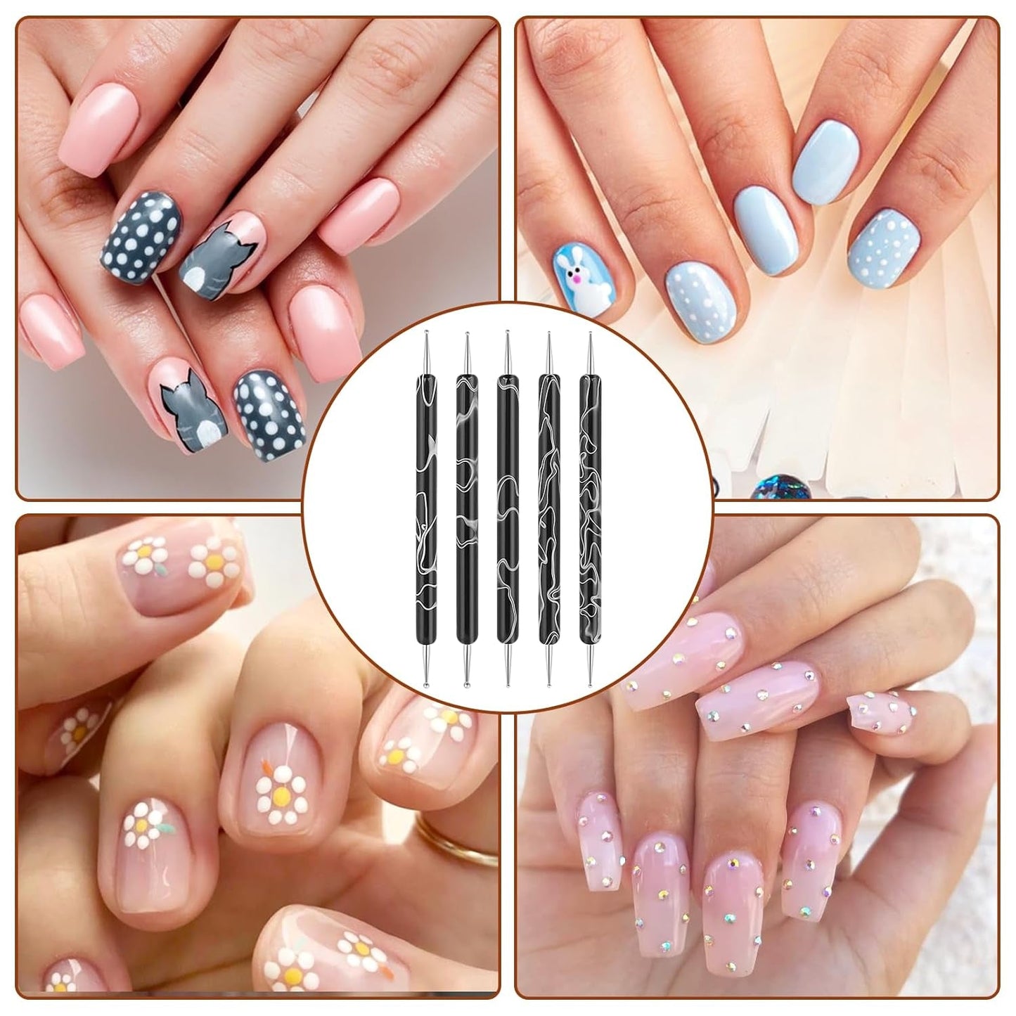 5 pièces d'outils de pointage de conception d'ongles, outil de travail de peinture, pointe de broche, outil de marbrage, outil de marbrage pour manucure de vernis à ongles, noir