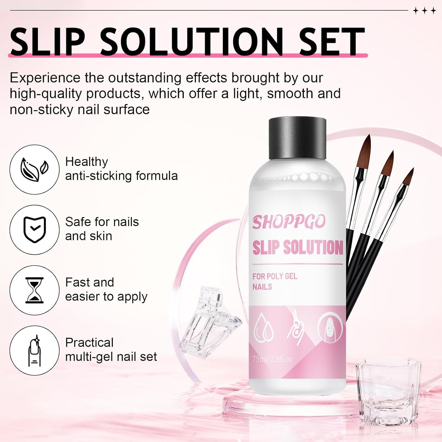 Solution pour ongles Polygel, kit de solution pour ongles Poly Gel Slip, solutions pour ongles liquides Polygel 75 ml, 5 clips pour pointes d'ongles, 3 brosses à ongles, 1 tasse en cristal, 100 feuilles de nettoyage