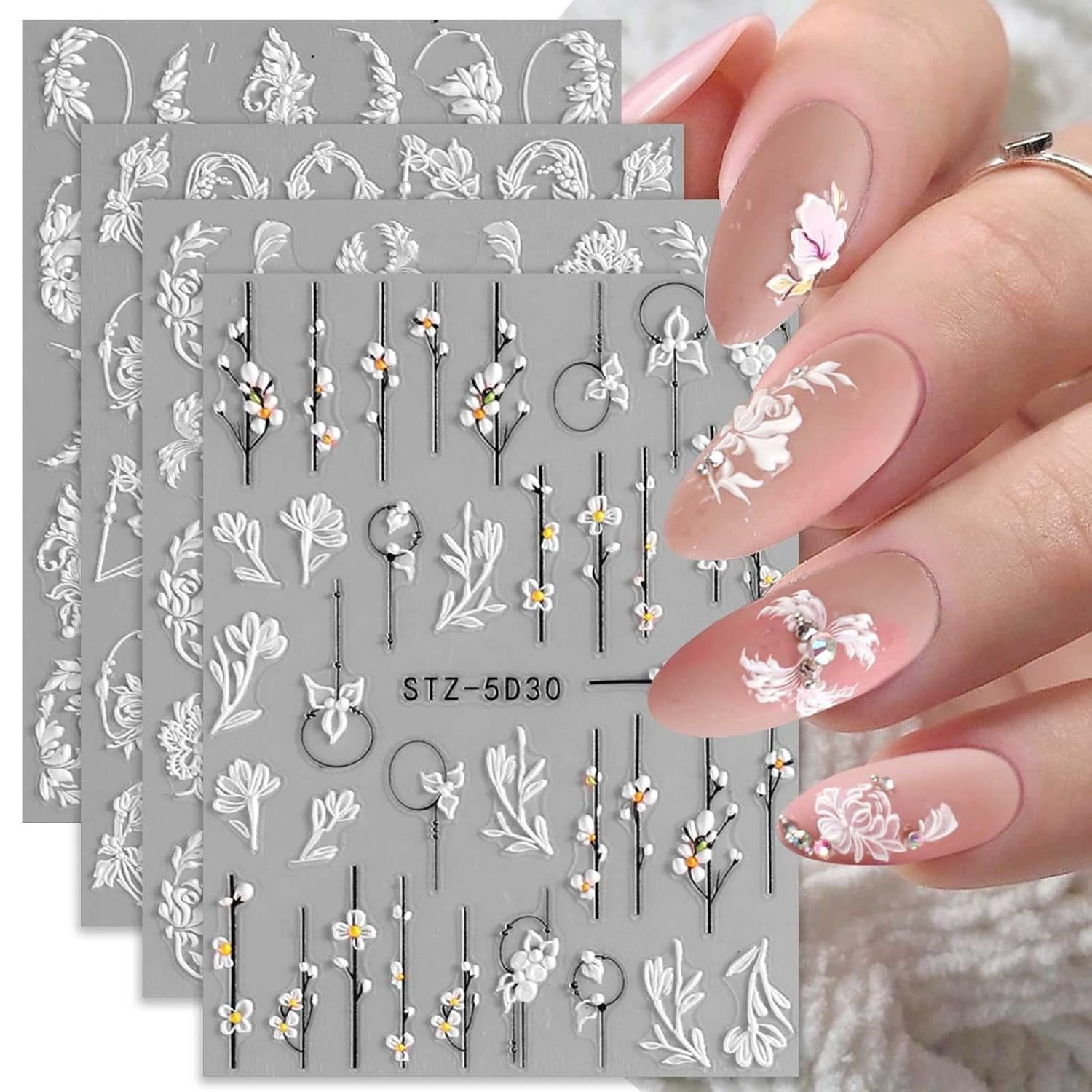 4 Blatt 3D Nagelsticker Frühling Blume Nagelaufkleber 5D Stereoskopisch Selbstklebend Nail Art Sticker Décoration Nageldesign Zubehör