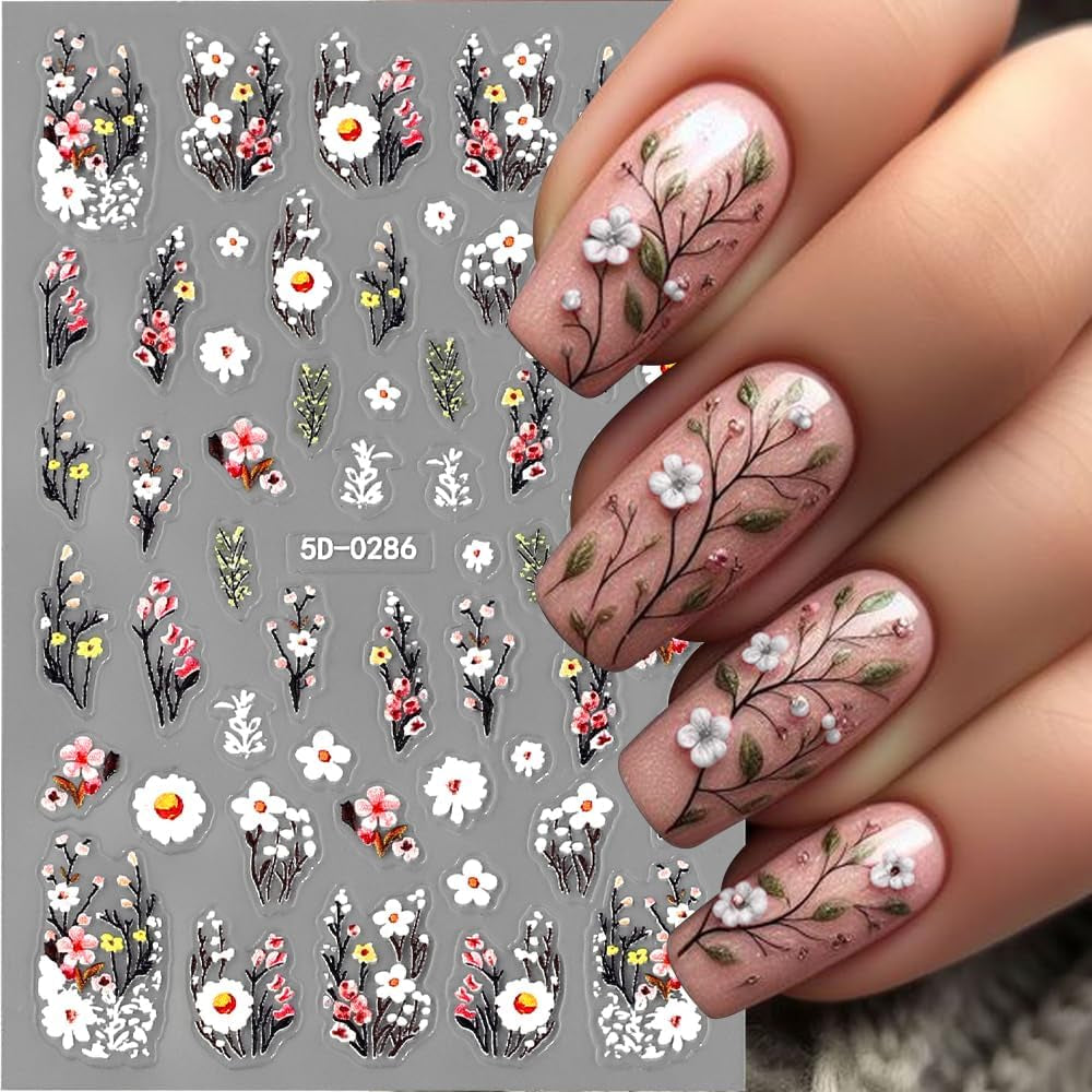 Autocollants pour ongles fleur de prunier, autocollants pour ongles fleur rose blanche, autocollants pour ongles fleur en relief, autocollants pour ongles fleur printemps été, dessins d'ongles, accessoires pour ongles, art des ongles