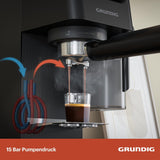 Machine à expresso porte-filtre GRUNDIG KSM 5330 avec réservoir à lait intégré, puissance 1628 W, pression de pompe 15 bar, double buse, écran tactile couleur, BrewSense, CreamyPro, acier inoxydable foncé/noir
