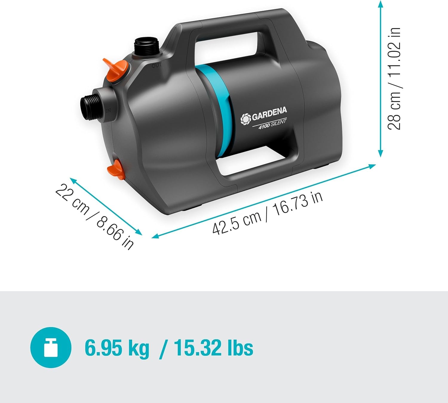 Ensemble Pompe de Jardin Silencieuse Gardena 4100 : Pompe d'Irrigation Très Silencieuse et Innovante avec Raccord d'Aspiration de 3,5 m et Tuyau Classique de 20 m, Débit 4100 L/h, Moteur 550 W, Étanche, Économique (9051-20)