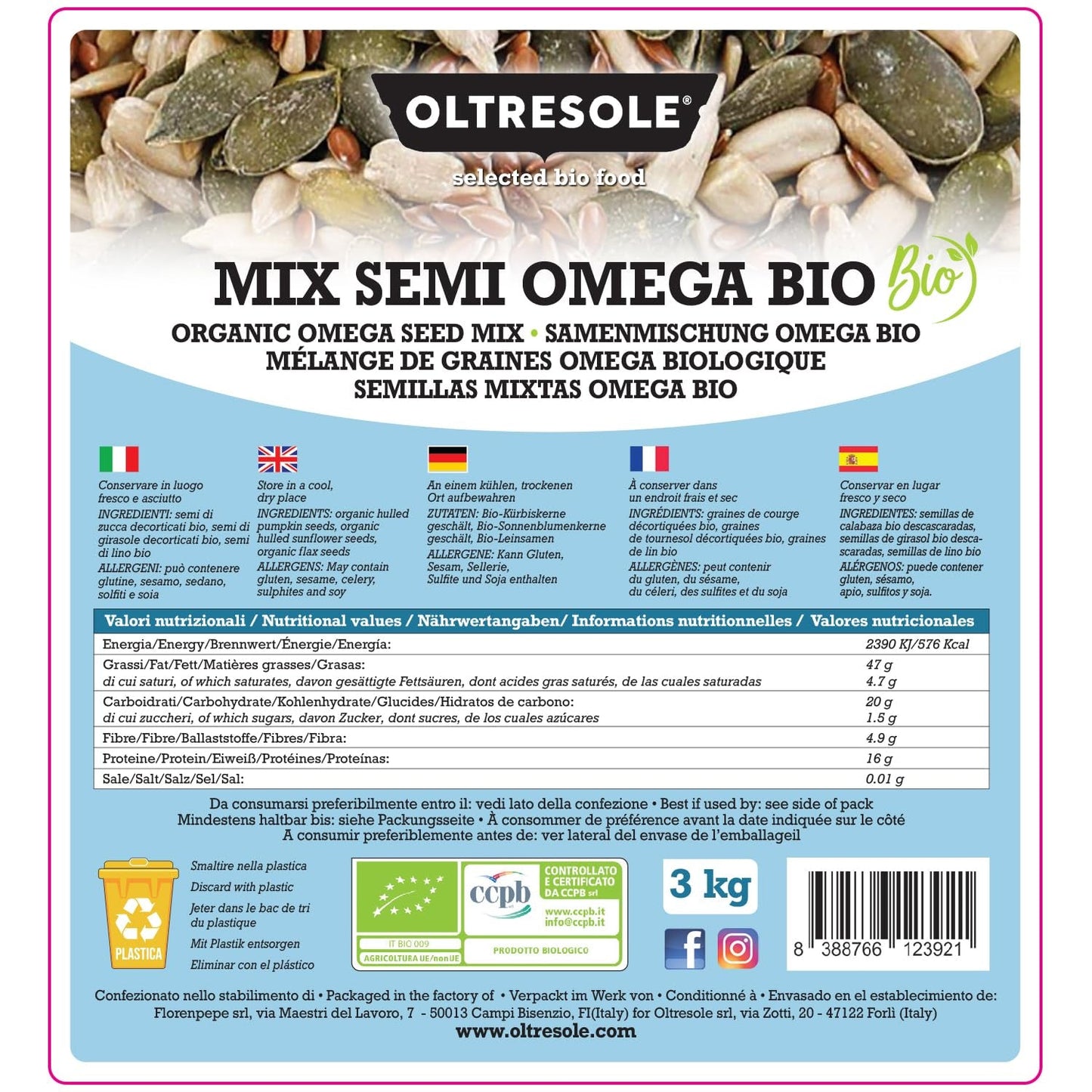 Mélange de graines Omega Bio 3 kg (mélange de graines de courge, de tournesol et de lin), un mélange de 3 graines oléagineuses brutes entières, riches en protéines, fibres et acides gras oméga-3