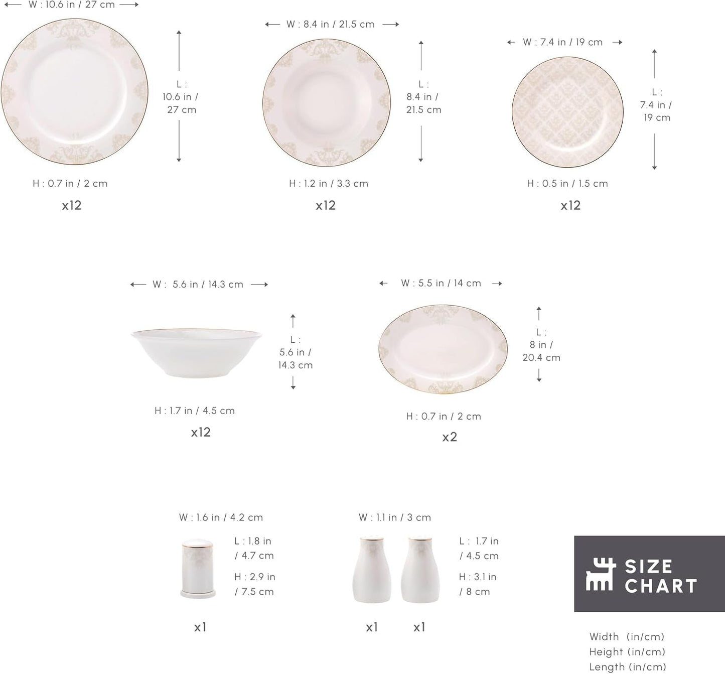 Karaca Elegance Bone Siena Service de table pour 12 personnes, service de table moderne en porcelaine, service de table avec bols à soupe, plateau de service, assiettes creuses, assiettes à dessert – Blanc et doré