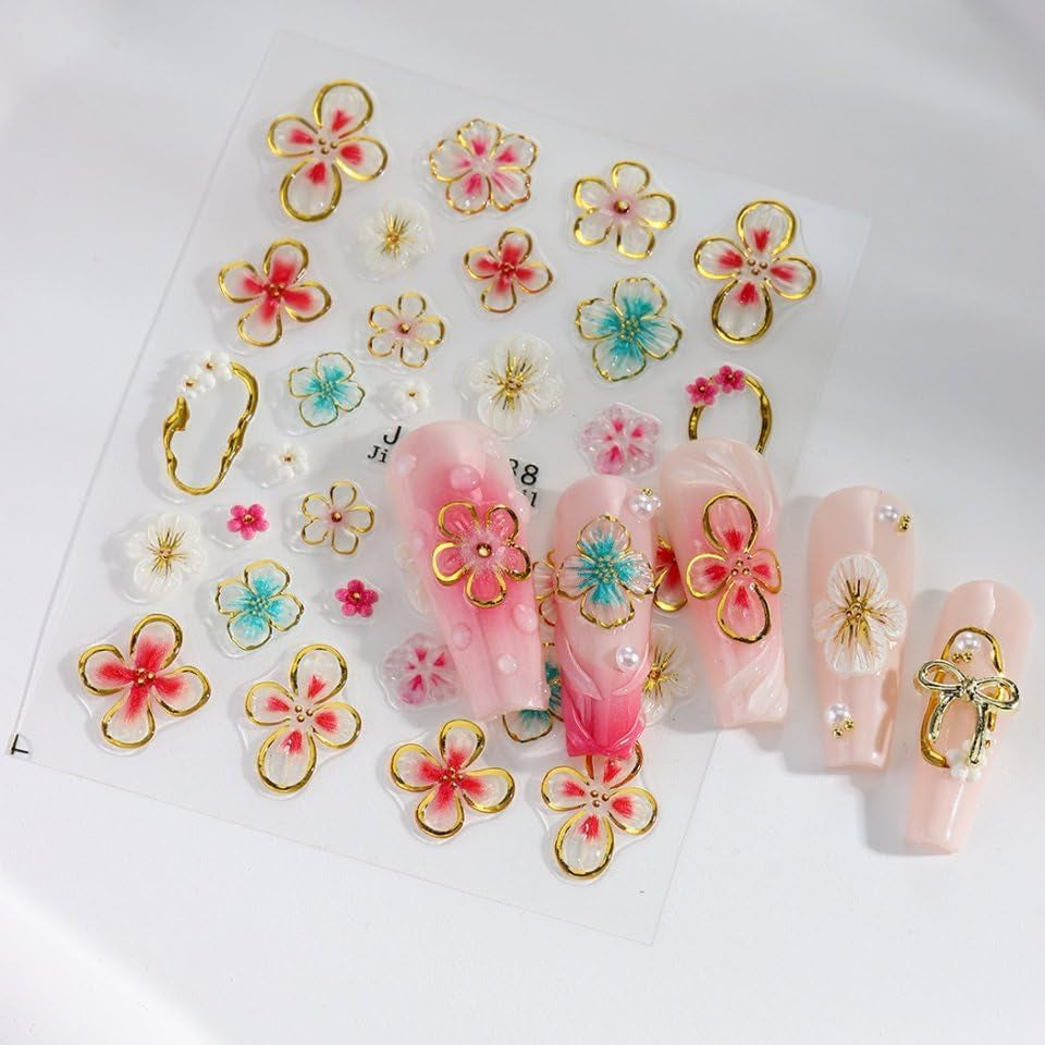 JMEOWIO Autocollants de manucure 3D en forme de fleur colorée pour nail art